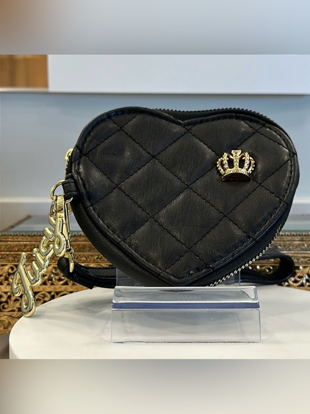 Juicy Couture Black & Gold Quilted Heart-Shaped Mini Wristlet/Clutch, EUC